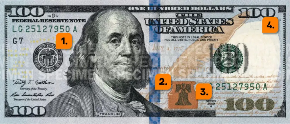 Elementos de seguridad billete dólar americano