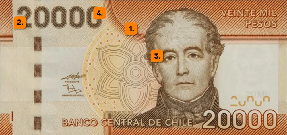 Elementos de seguridad billete peso chileno